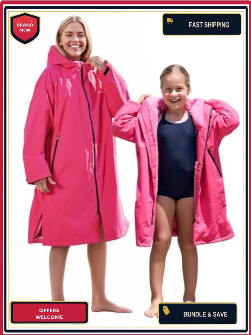 Waterproof Sherpa Lined Swim Parka Poncho Changing Robe with Hood and Velcro